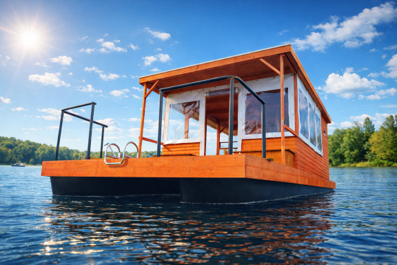 Ein schwimmendes Holzhaus auf ruhigem Wasser, umgeben von Bäumen und blauer Himmel.