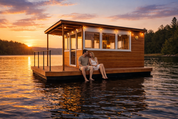 Grillfloß mit Sonnenuntergang auf dem Tegeler See